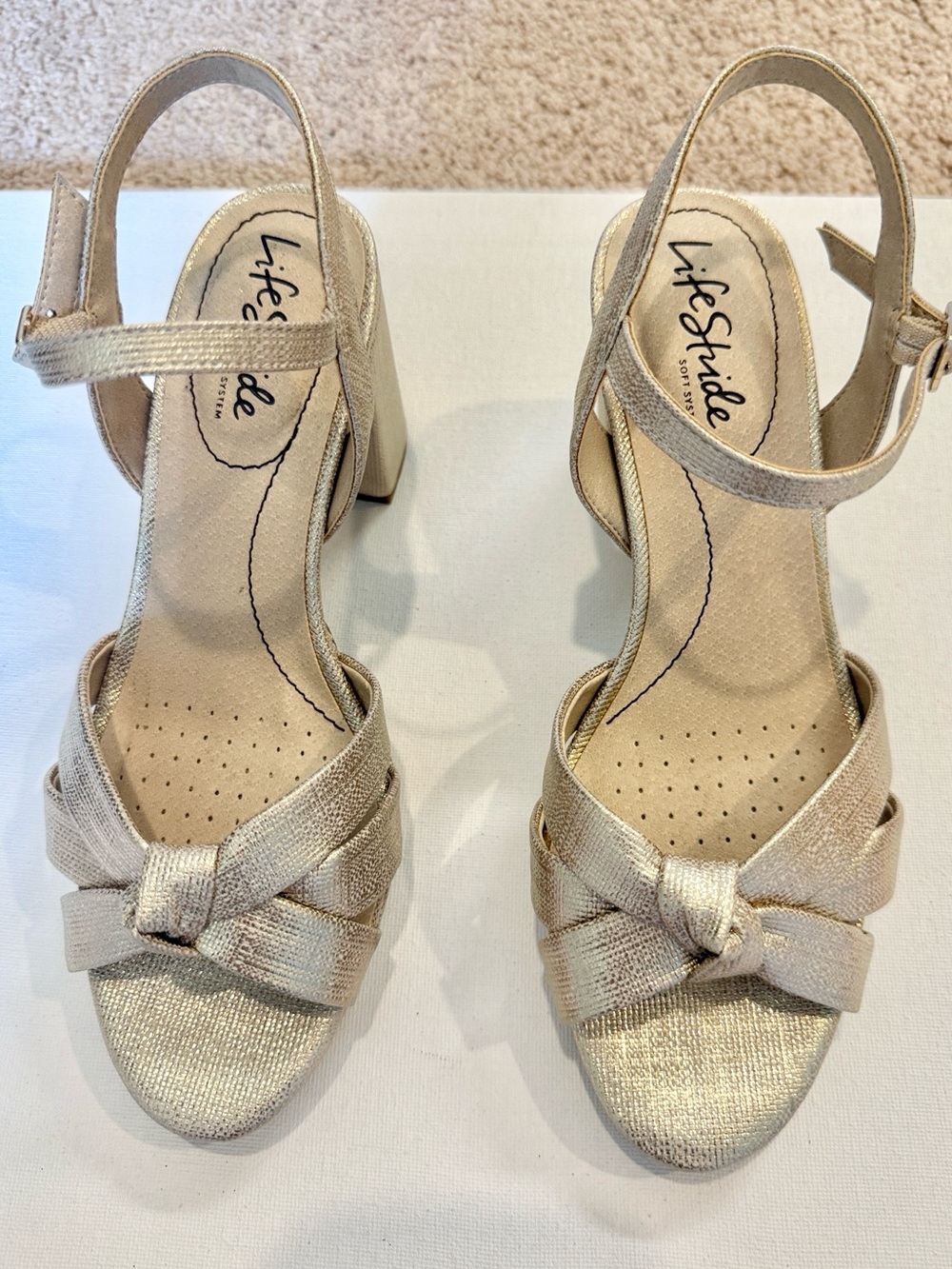 Life Stride Women's Metallic Gold Knot Block Heel Sandals
